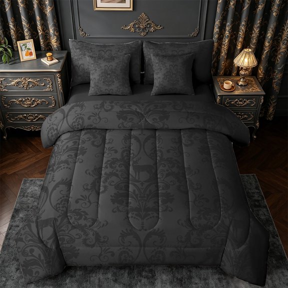 jejeloiu Damask Floral Pattern 7-Piece Twin Bedding Sets,Victorian Print Bedding Comforter Set,Jungle Animal Deer Sheet Sets For Men Women,Luxury Bedroom Decor Reversible