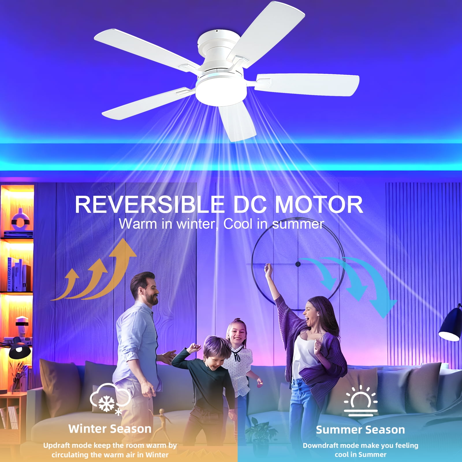 Ayaoty Ceiling Fans with Lights, 48 inch Low Profile Ceiling Fan with Light and Remote Control, Flush Mount RGB Dimmable Light, Noiseless, White Ceiling Fan for Bedroom Indoor/Outdoor Use