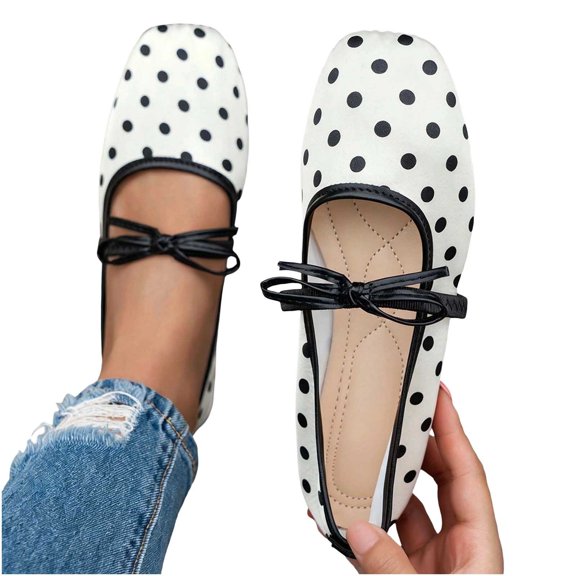 Purcolt Mary Jane Shoes for Women Trendy Elegant Polka Point Square Toe Slip On Ballet Shoes Comfort Casual Soft Sole Flat Shoes with Bow Elastic Strap