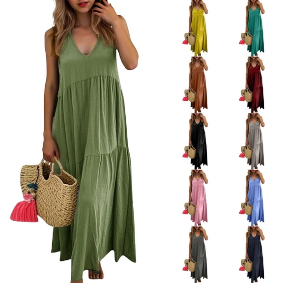 COMVALUE Dresses for Women 2026 Summer V Neck Sleeveless Maxi Dress Casual Boho Sundress Modest Beach Long Dress (Green, 3XL)