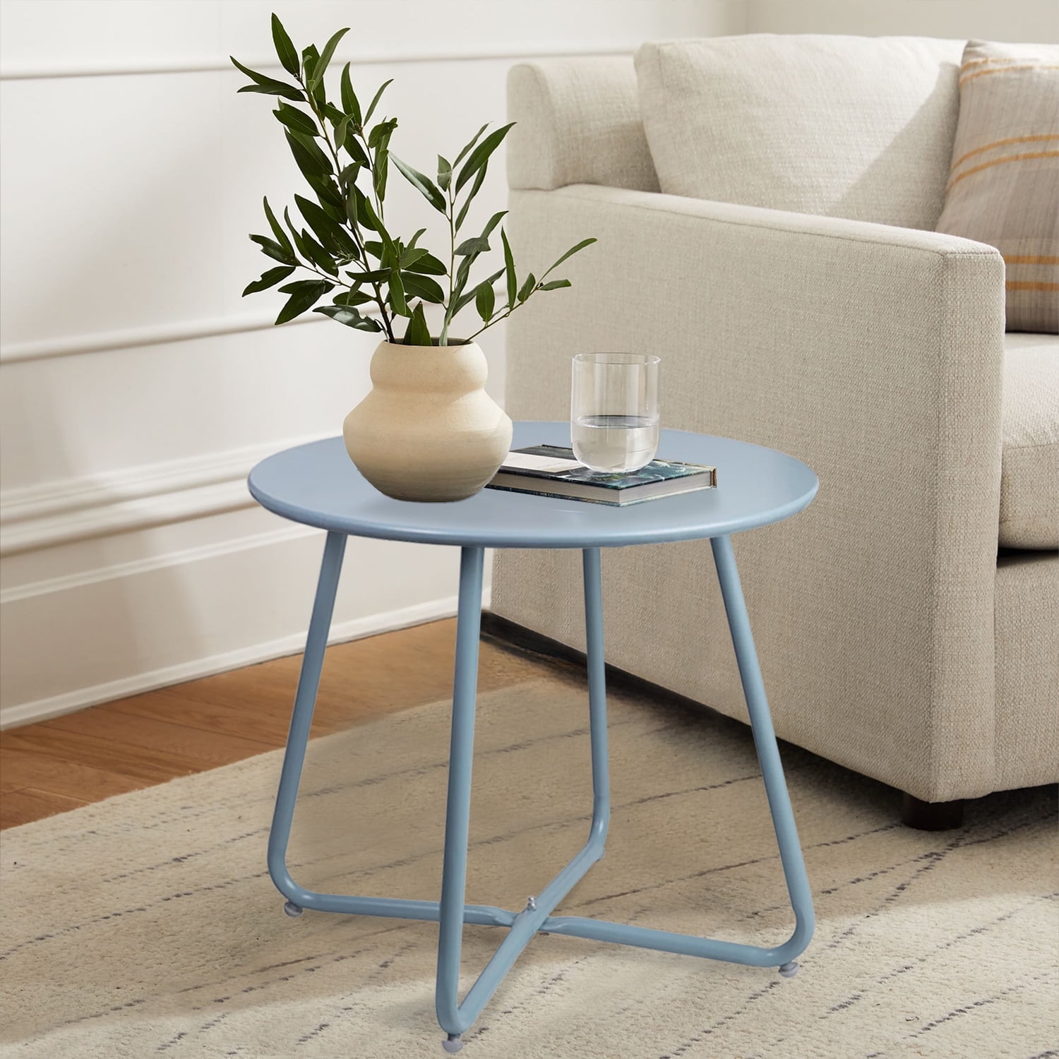 CERBIOR Metal Tray End Table, Round Accent Coffee Side Table, Anti-Rust and Waterproof Outdoor Small Side Table, Indoor Modern Sofa Side Table Bedside Table for Living Room Bedroom Balcony (Blue)