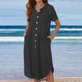 thumbnail image 2 of Robes Décontractées pour Femmes, Couleur Unie, Boutonnée, Col en V, Col à Revers, Robe Midi, Manches Longues/courtes, Robe Chemise avec Poches, 2 of 7