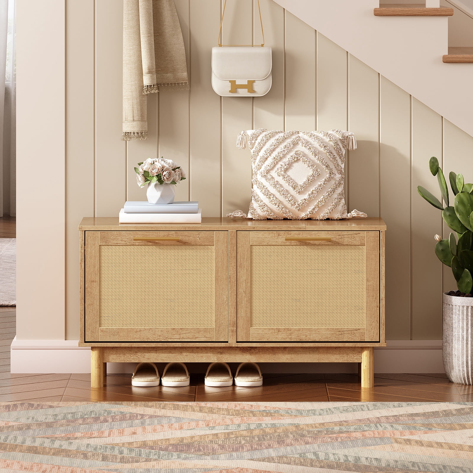 HOOBRO Narrow Rattan Shoe Storage Bench with Flip Drawers, Natural