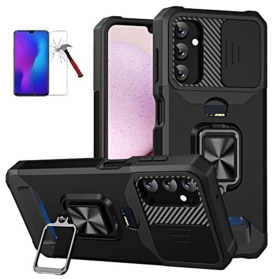 Phone Case for Samsung Galaxy A14 5G,  Ring Stand Hybrid Case Cover   Tempered Glass (Black)