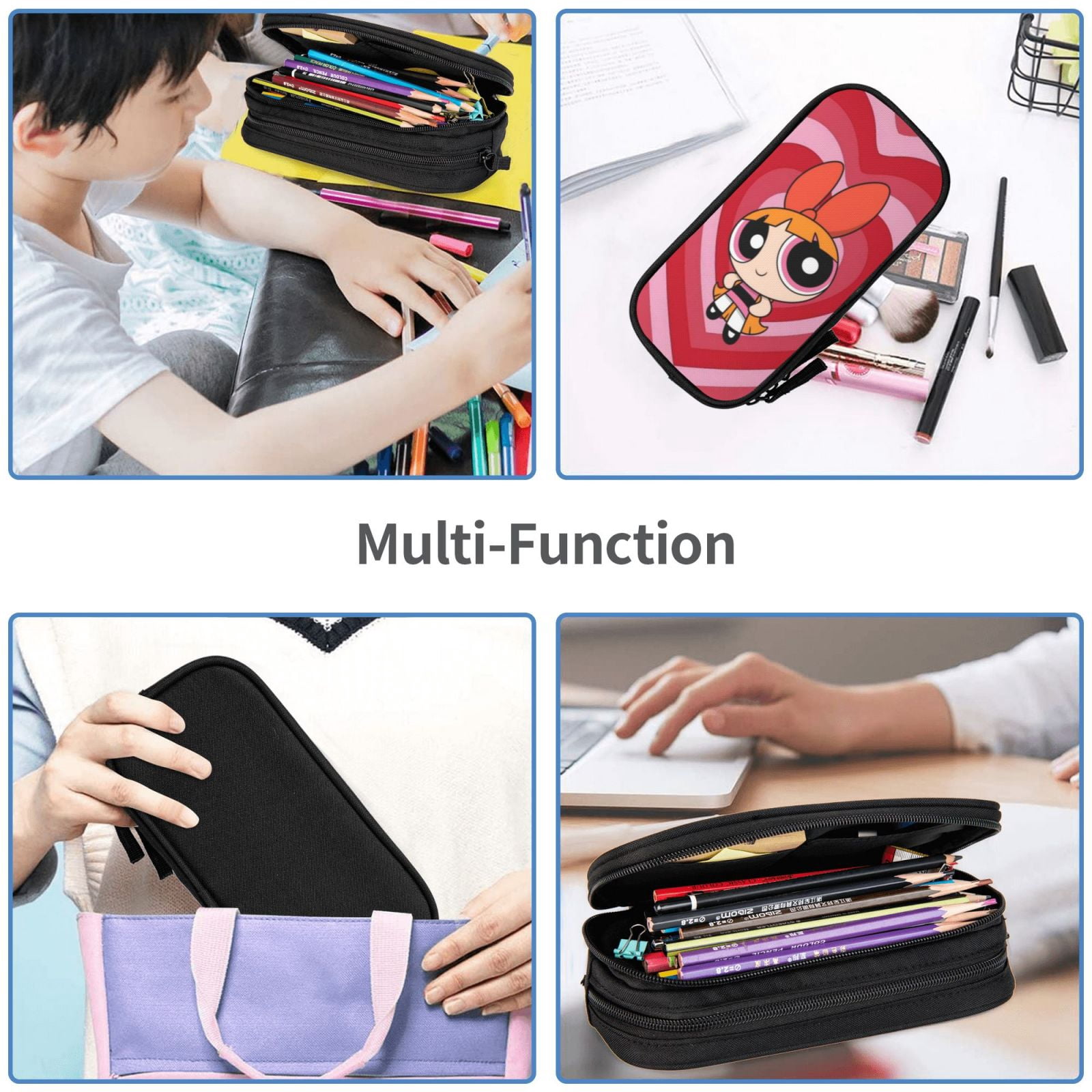 The Powerpuff Gi-rls Pencil Case Large Capacity Pencil Pouch Pen Bag Office Stationery Organizer Travel Makeup Bag Black