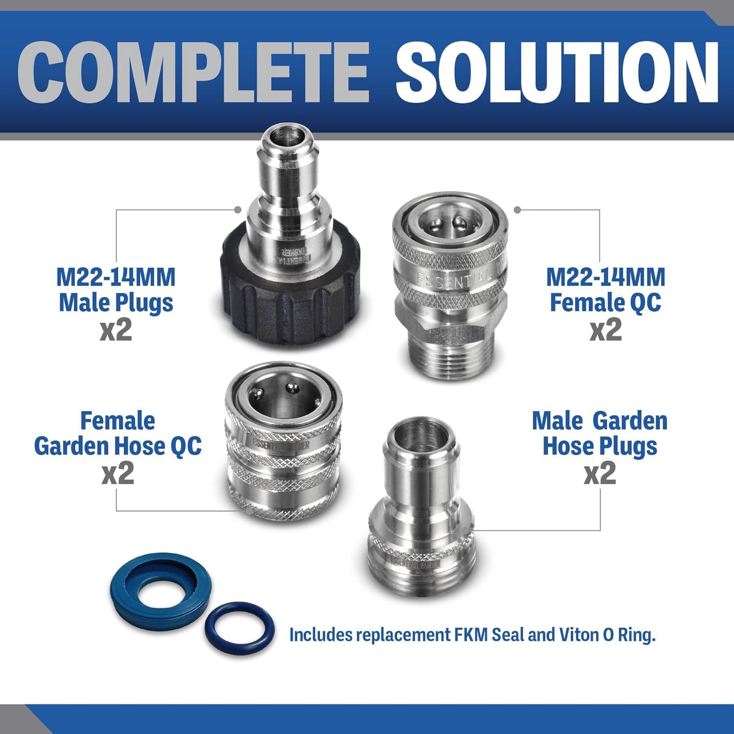ESSENTIAL WASHER Pressure Washer Hose Quick Connect Kit, M22-14mm to 3/8' Male Female, Includes 2 Female  2 Male M22-14mm Plugs, 2 Male Garden Hose Plugs, 2 Female Garden Hose QC, O-Rings