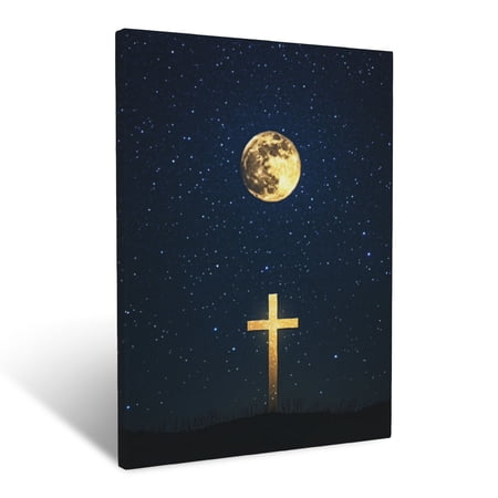 CozyNet Cross Illuminated By A Glowing Full Moon Surrounded By Stars In A Peaceful Night Sky Wall Art Prints With Frame Canvas Perfect for Living Room & Bedroom Ready to Hang Wall Decor 12 x16