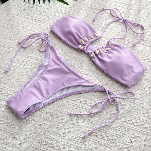 swimsuits for women Women Solid Bandage Push-up Padded Purple Bikini Set  Swimwear Swimsuit Bathing Suit womens swimsuits 