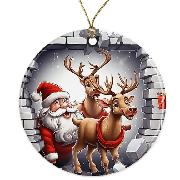 Santa and Reindeer Funny Christmas Ornament, Holiday Decor, Festive Season, Xmas Gift Idea Ceramic Ornament - 3 Inch Christmas Tree Round Ornament - Xmas Holiday Decor - String Included - ORNW0276