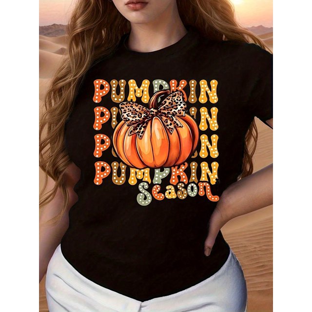 Halloween T-Shirt - Casual Round Neck Short Sleeve Top, Suitable For Spring And Summer Seasons, Machine Washable, Black Pumpkin Season Pattern Design, Perfect For Autumn Festivals