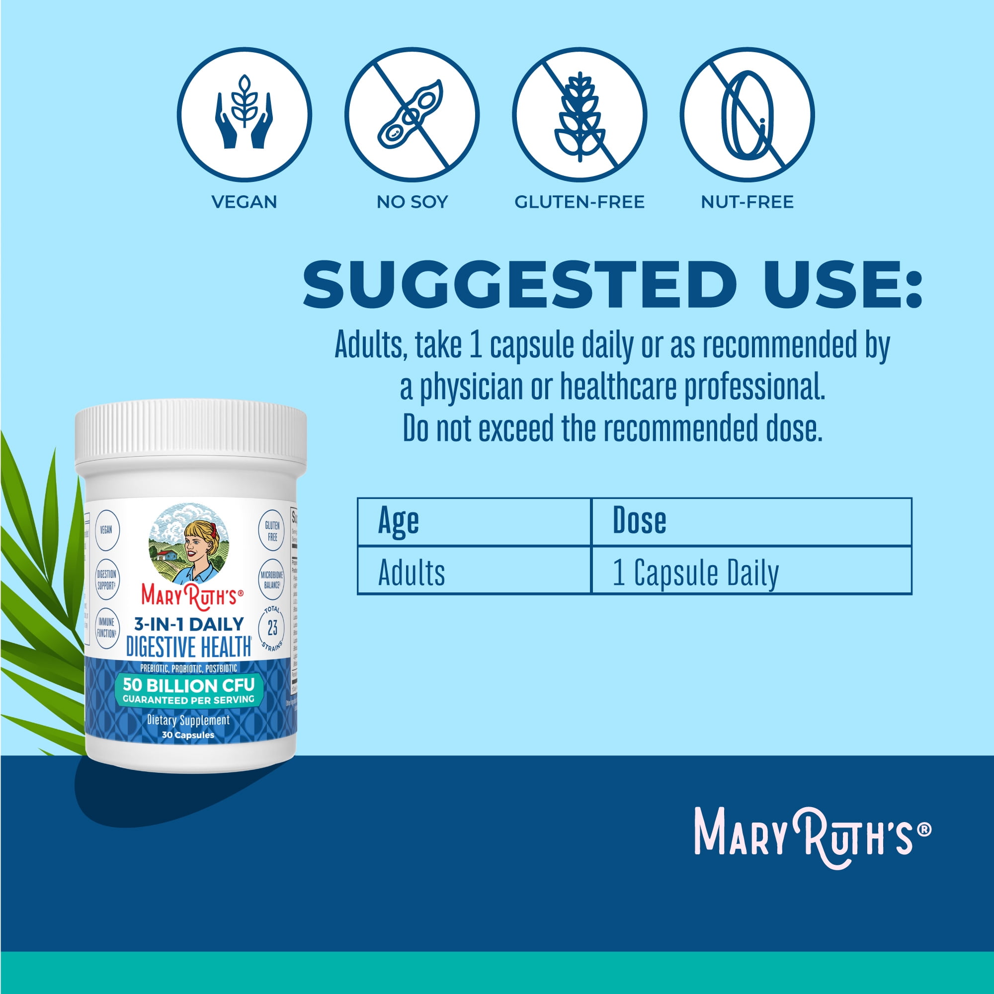 (3 pack) MaryRuth's 3-in-1 Probiotics Digestive and Gut Health 50 Billion CFU Vegan Dairy-Free for Women and Men 30 Servings One Bottle 30 Count