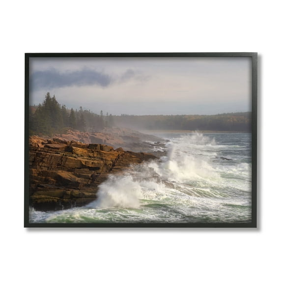 Stupell Industries Rough Waves on Cliff Landscape Photography Black Framed Art Print Wall Art, 14 x 11