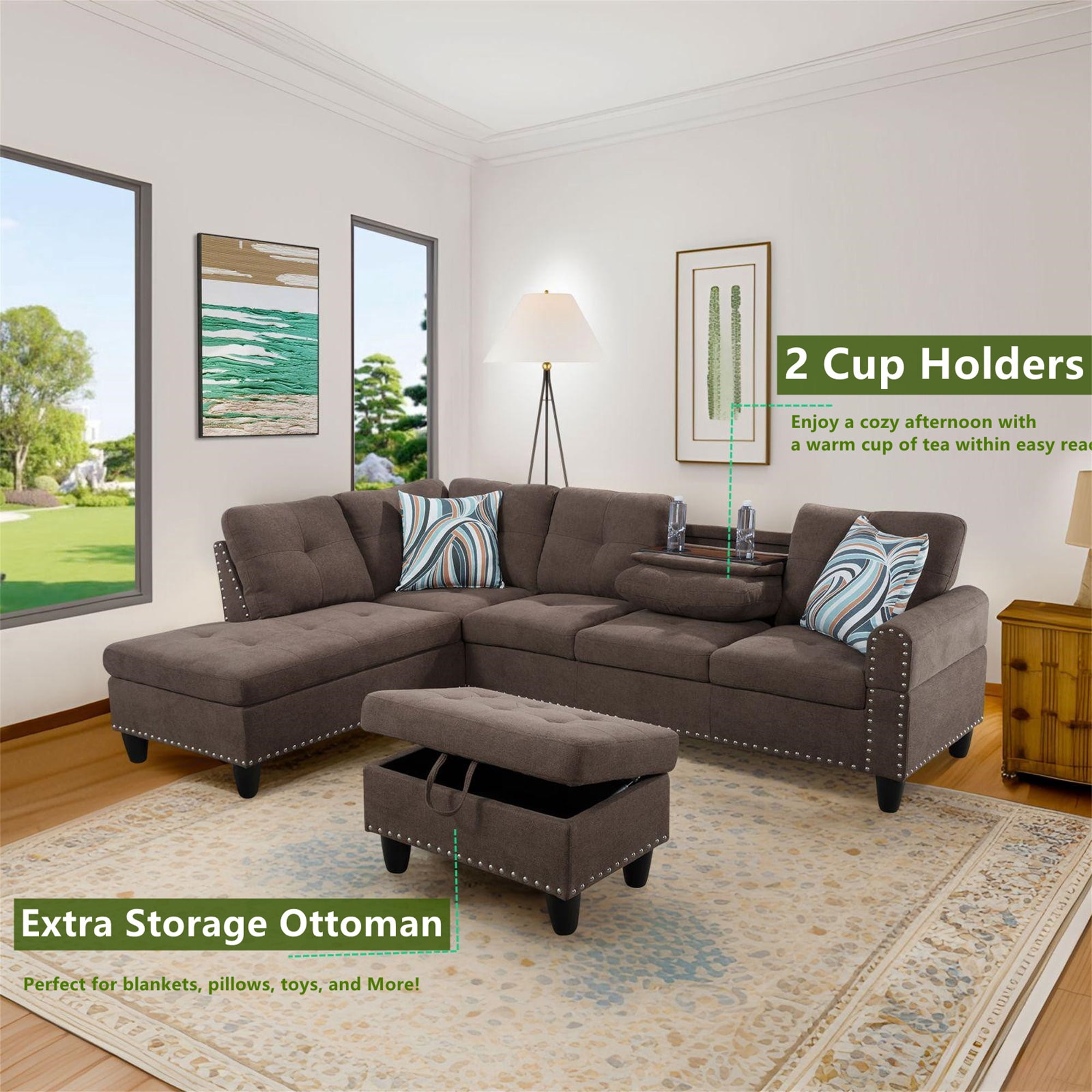 Aukfa 3 Piece Sectional Sofa, Living Room Couch with Storage Ottoman&Cup Holder, Linen, Left Hand, Brown