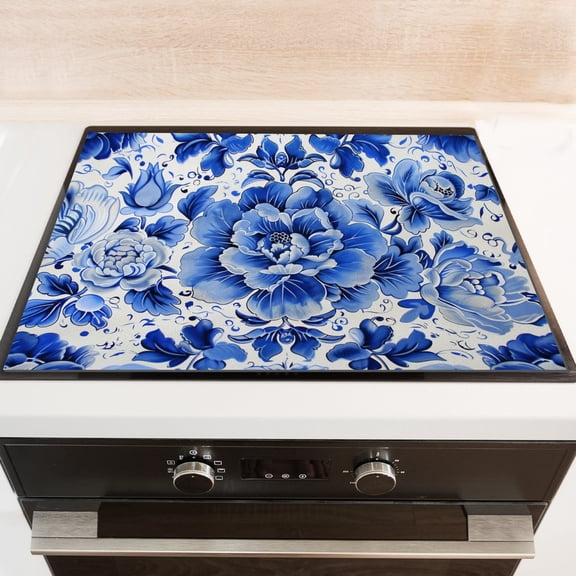 Decorative Stove Top Covers, Blue And White Tiles with Curvilinear Motifs Flat Stove Top Cover, Square Foldable Waterproof Mat for Kitchen RV (28×20 Inch)
