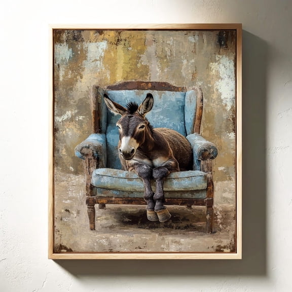 Charming Donkey On Rustic Armchair Whimsical Farmhouse Wall Art Poster, 8x12 UNFRAMED