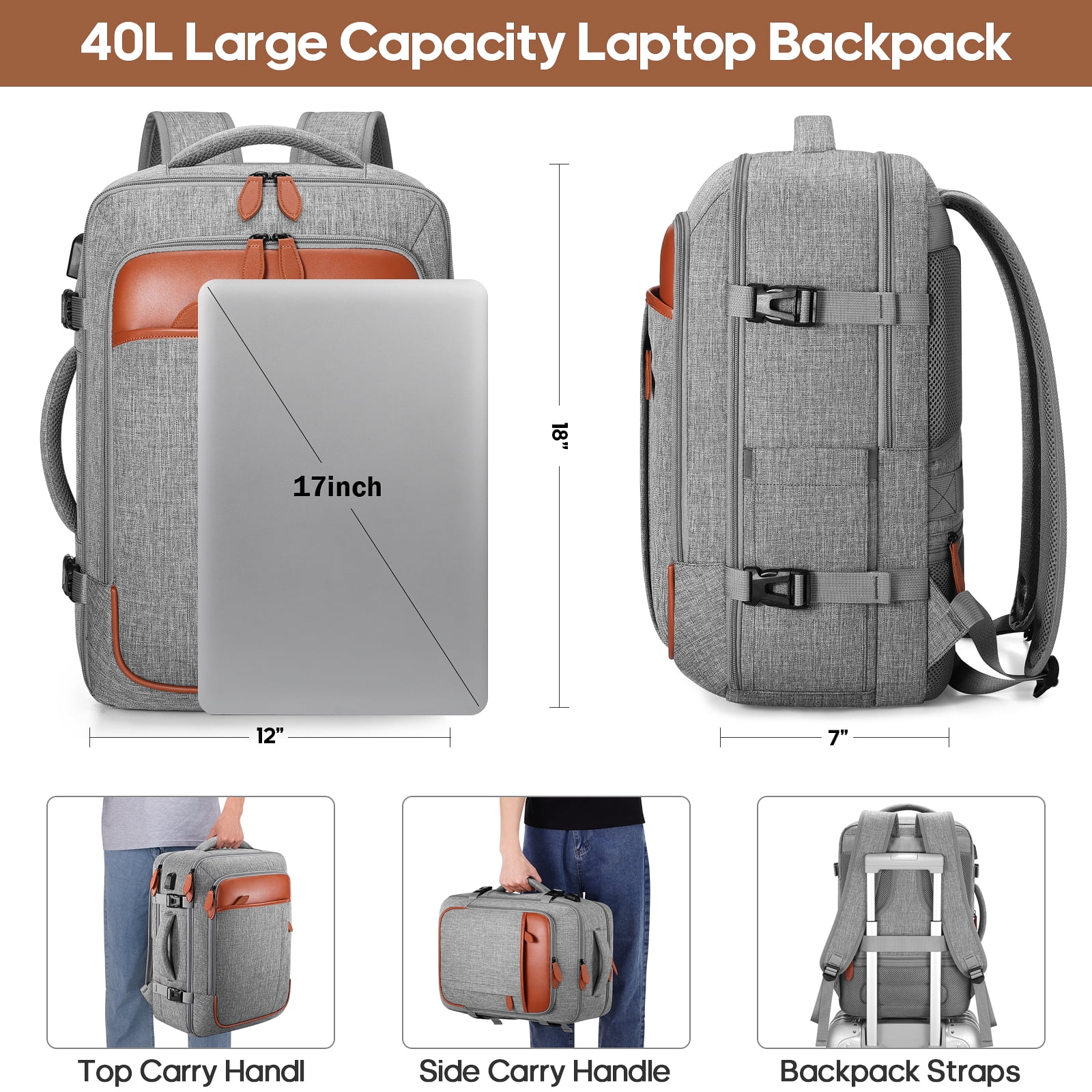 UKEIN Travel Backpack for Men & Women Carry On Backpack Flight Approved 40L Waterproof Anti-Theft Personal Item Backpack with Packing Cubes and Shoe Pocket
