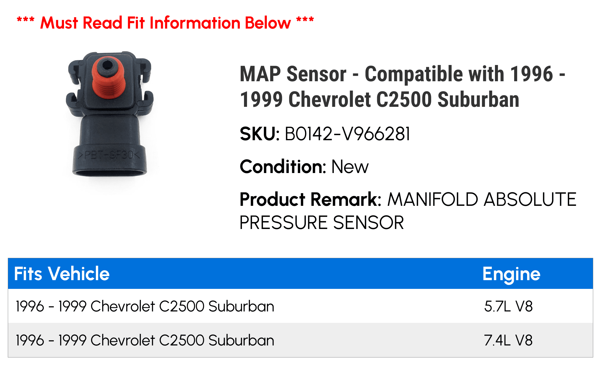 MAP Sensor - Compatible with 1996 - 1999 Chevy C2500 Suburban 1997 1998