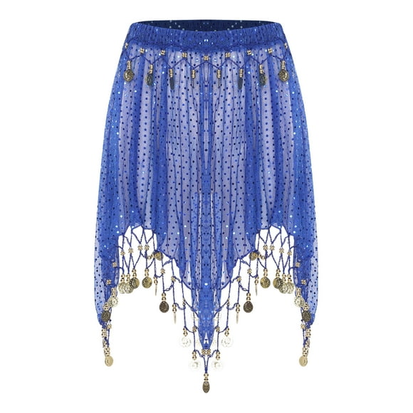 vastwit Women Tassel Sequined Belly Dance Skirt Sheer Mesh Asymmetrical Hip Scarf Dancing Show Outfits Royal Blue One Size