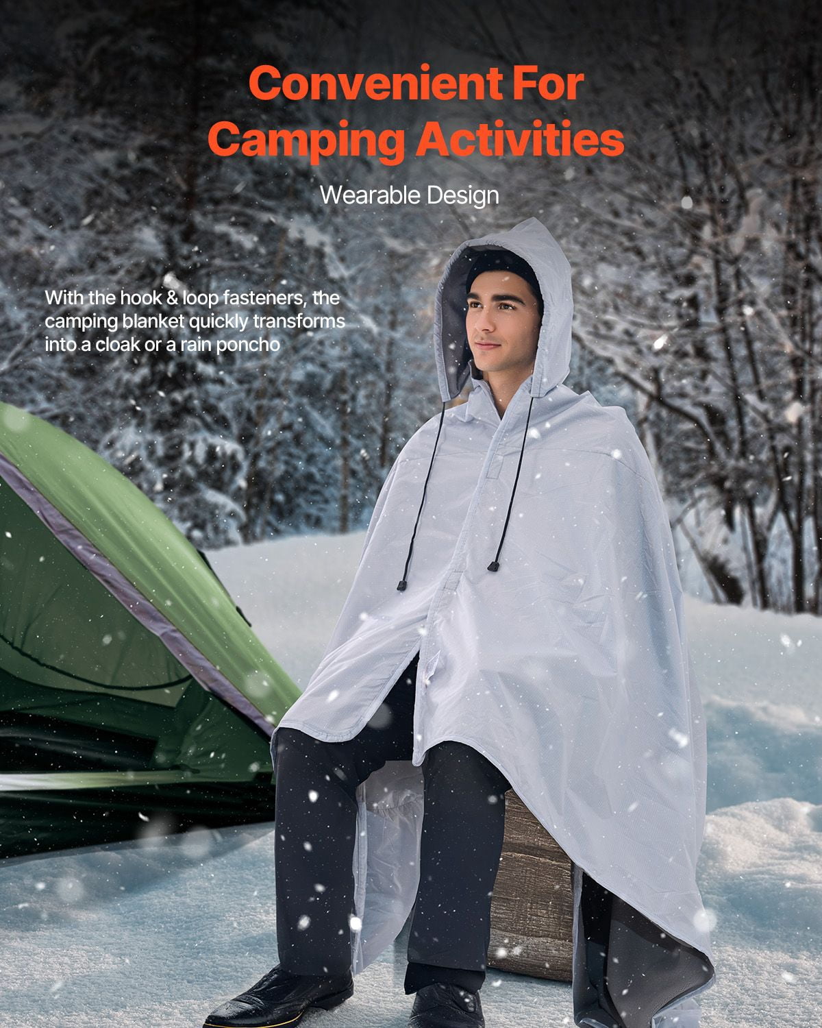 Wearable Camping Blanket 79x59 Inch, PU1500 Waterproof Polyester, 220GSM Fleece Inner, Lightweight 1.79 lbs, 6 Hook and Loop Fasteners for Outdoor Cloak Travel