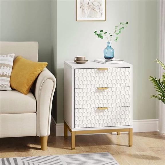 Emoottoo TB-F1638 19.7 in. Modern 3-Drawer Nightstand - 25.8 in. Tall Bedside Table with Storage - White & Gold