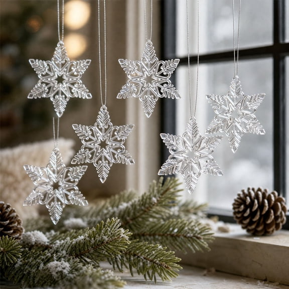 Neoargh 6Pcs Christmas Acrylic Snowflakes Ornaments, Clear Winter Hanging Decor for Christmas Tree, Transparent Plastic Ornament, DIY Winterhome Party