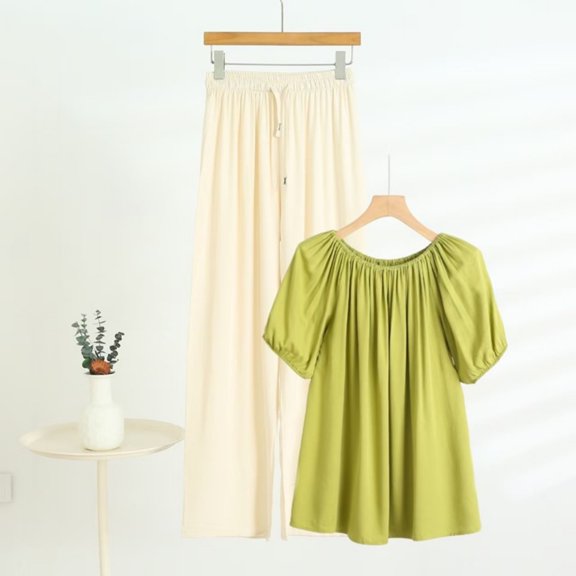 TaTaai Womens Two Piece Set Off Shoulder Short Sleeve Puff Sleeve Top with Drawstring Waist Straight Leg Pants Solid Soft Breathable Casual Outfit Gift