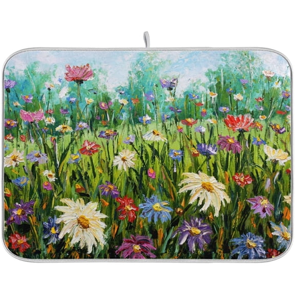 Absorbent Dish Drying Mat for Kitchen Counter - Oil Painting Flowers Microfiber Drying Pad, Reversible Drainer Mats for Countertop, Small 16" x 18"