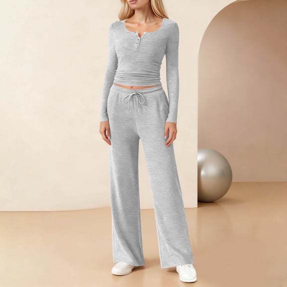 ClodeEU Women's 2 Piece Scoop Neck Lounge Set ,Wide Leg Pants Slightly Slim Sweatsuit Sets With Pockets Gray,Womens Plus XXL
