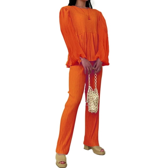 VISgogo Traje de pantalón elegante de dos piezas para mujer, blusas y pantalones peplum con mangas abullonadas y cuello redondo de color sólido VISgogo moda