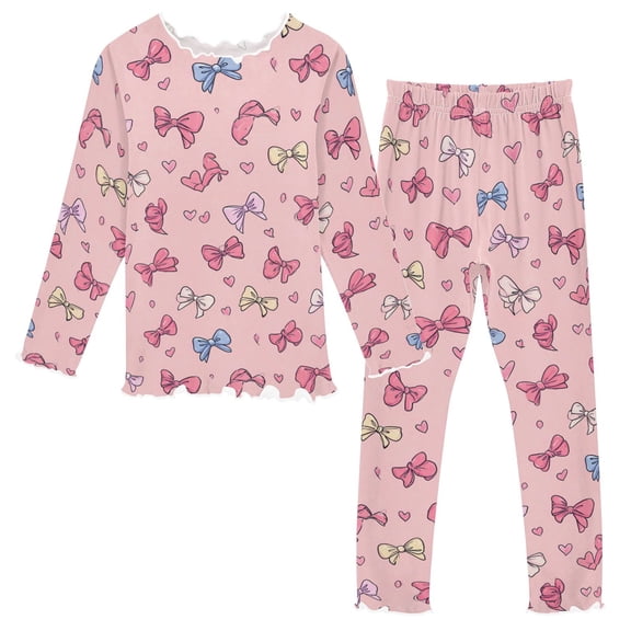 Pink Bow and Heart Long Sleeve Snug Fit Pajama Set 2 Piece Soft Warm Fleece Top and Pants Sleepwear PJs