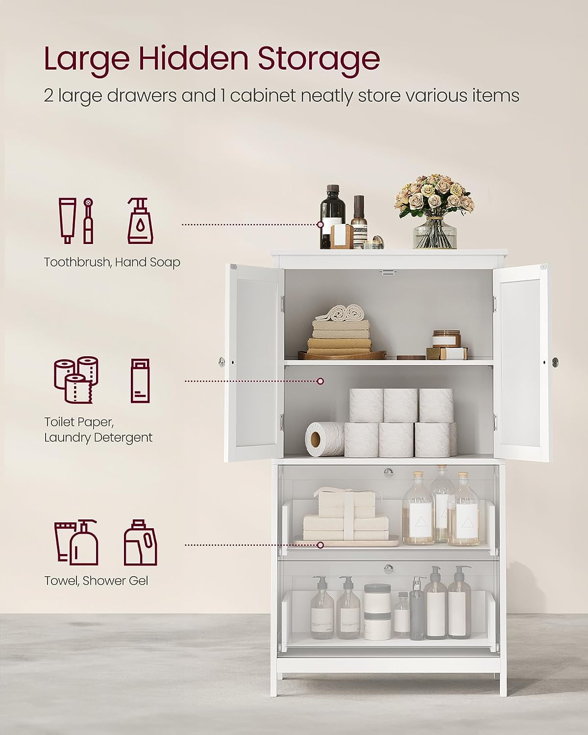 Floor Storage Cabinet, Storage Unit, Freestanding  Cabinet with 2 Drawers and 2 Doors, Adjustable Shelf, 11.8 x 23.6 x 43.3 Inches, White