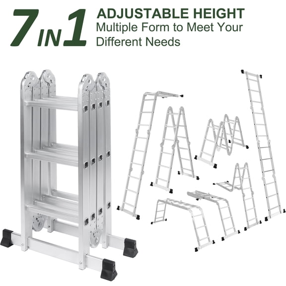 NETAJE 12.5ft 7 in 1 Multi-Purpose Ladder W/Anti-Slip Feet, EN 131 Standard 330LB Capacity, Folding Aluminium Extension Ladder