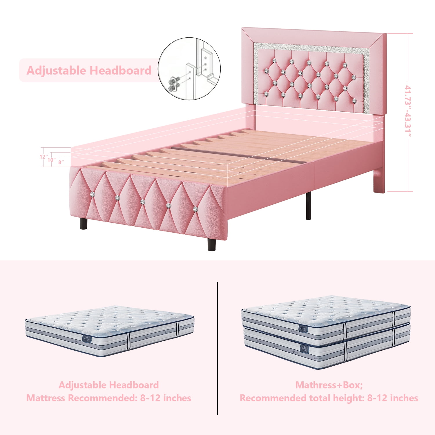 4 EVER WINNER Twin Bed Frame, Upholstered Platform Bed Frame with Headboard and Footboard, Twin Size Bed Frame, Diamond Headboard and Footboard Design, Pink