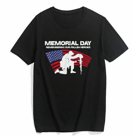 Unisex T-shirt Memorial Day Remembering Our Fallen Heroes US Flag Casual Summer Short Sleeve Top Black Large