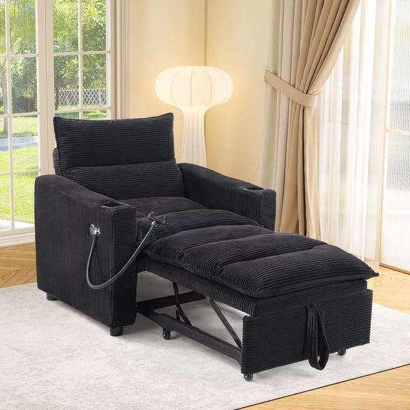 Ebello 3-in-1 Sleeper Sofa Bed, Corduroy Convertible Pullout Futon Couch with Adjustable Backrest, Phone Holders & USB Ports for Apartment, Small Space, 1-Seat(Black)