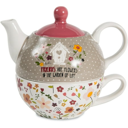 English Garden Teapot - Pavilion - Friends Are Flowers In The Garden Of Life - Floral Tea For One 15 oz Teapot and 8 oz Teacup Set with Lid