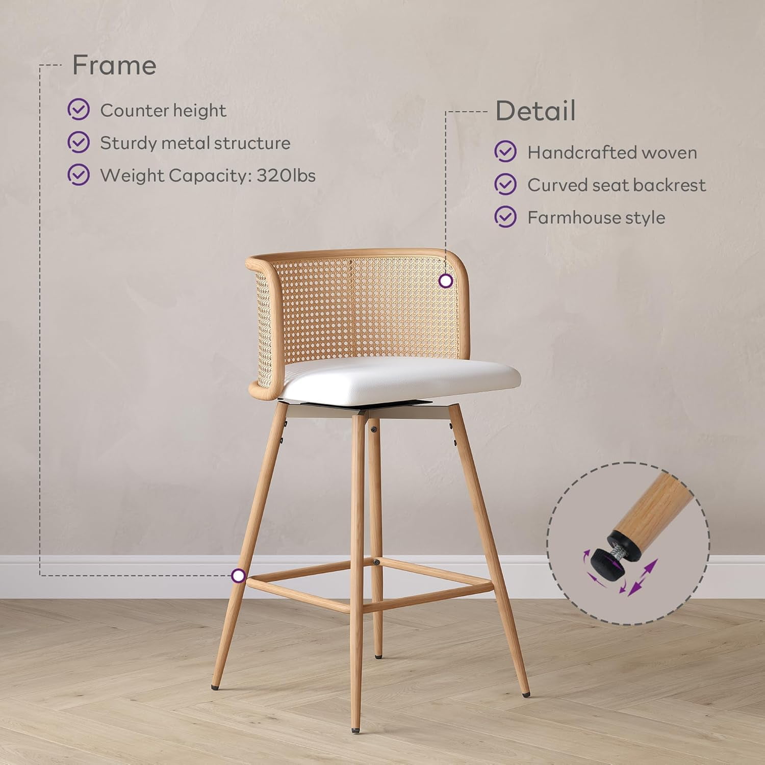 LAZZO Swivel Bar Stools Set of 2, 26” Counter Height Mid-Century Modern Stools with Natural Rattan Woven Back & Faux Leather Seat, White