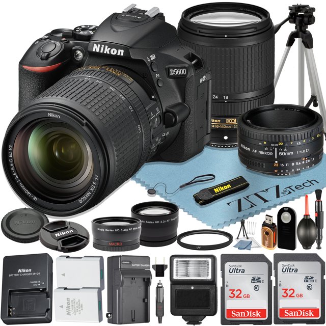Cámara Réflex Digital Nikon D5600 con Lente de 18-140 Mm + Lente AF FX de 50 Mm + 2 Tarjetas de Memoria SanDisk de 32 Gb + Gran Angular + Flash + Trípode + Paquete de Accesorios Zeetech