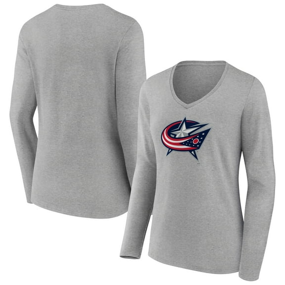 Women's Heather Gray Columbus Blue Jackets Primary Logo Team Long Sleeve V-Neck T-Shirt