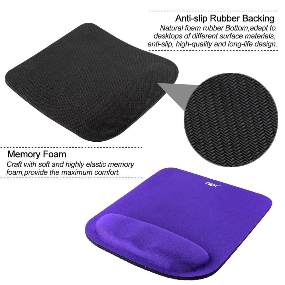NEX Mouse Pad with Memory Foam Wrist Rest, Non-slip Rubber Base Mouse Mat for Typist Office (Purple)