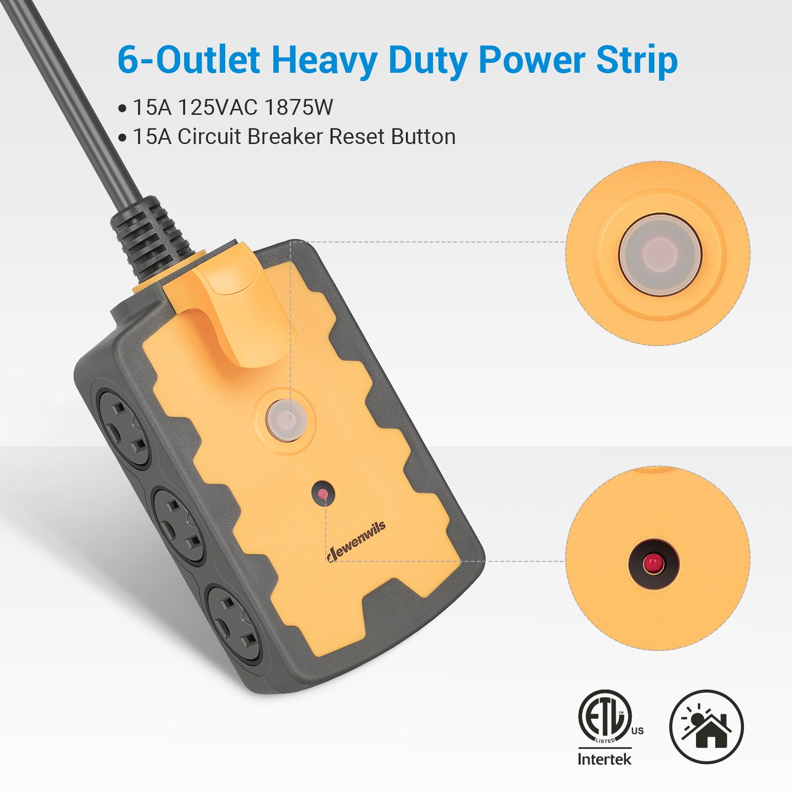 DEWENWILS  6-Outlet Power Strip, 15 FT Extension Cord Hub, Heavy Duty 14/3C Gauge,  15A Circuit Breaker
