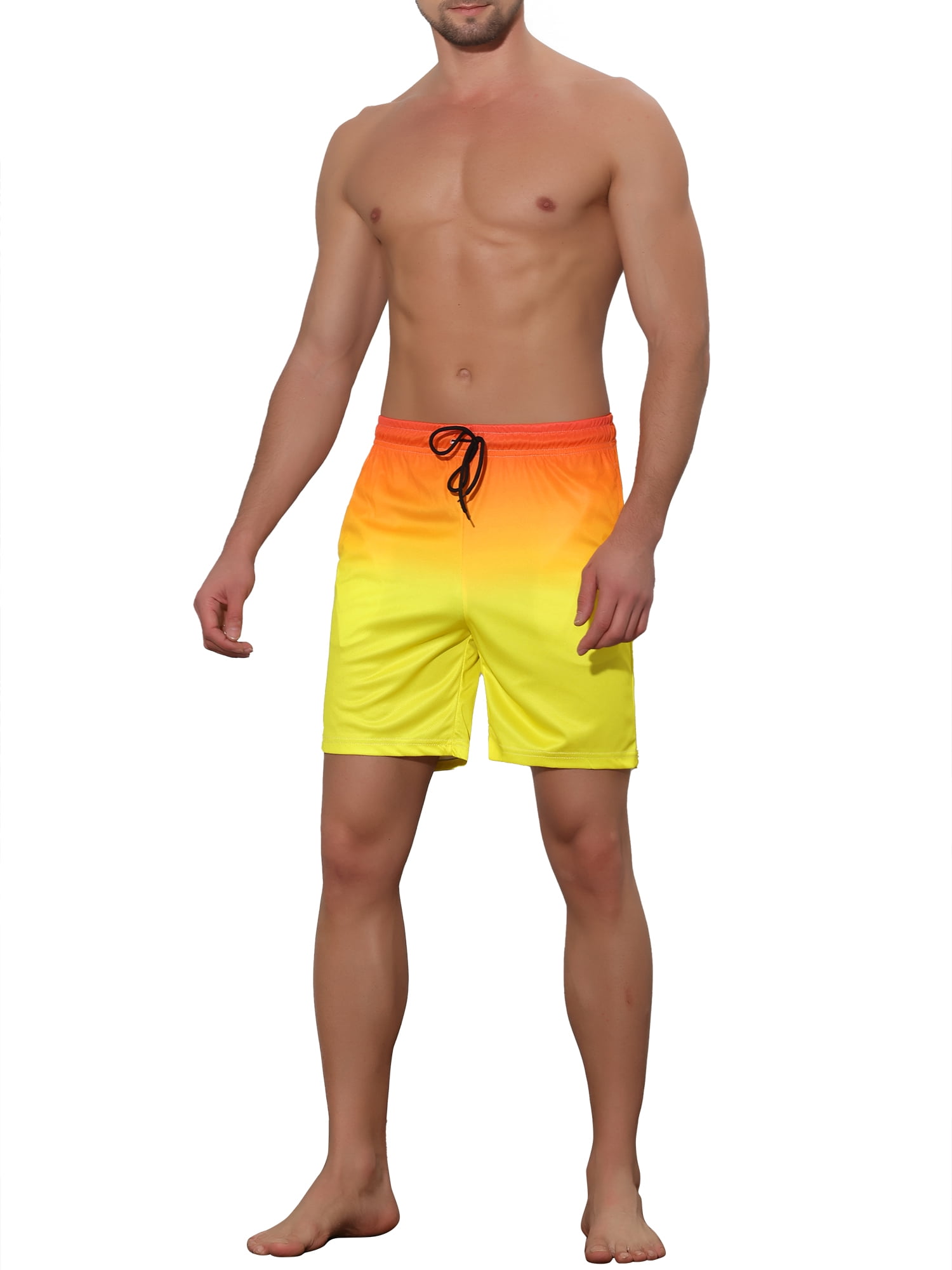 Unique Bargains Men's Drawstring Waist Colorful Pattern Hawaiian Swim Board Shorts 34 Yellow
