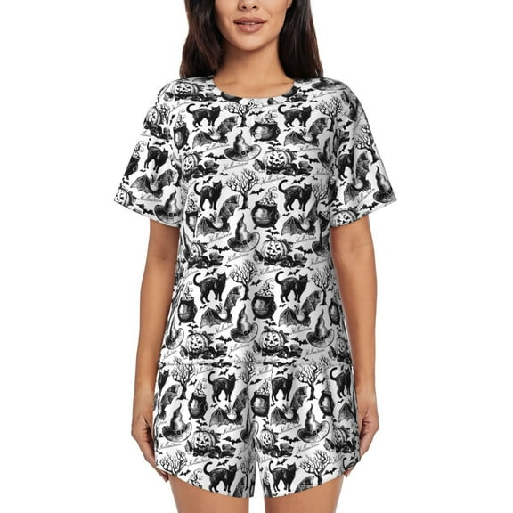 Logiee Black White Halloween Print Womens Pajamas Set,Short-Sleeve Pajama 2 Piece Sleepwear with Pockets-Small