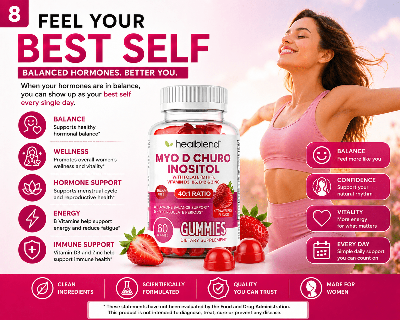 Healblend Myo-Inositol & D-Chiro Inositol PCOS Gummies for Hormone Balance & Fertility Support with Folate and Zinc, Strawberry Flavor, Sugar-Free, 60 Count