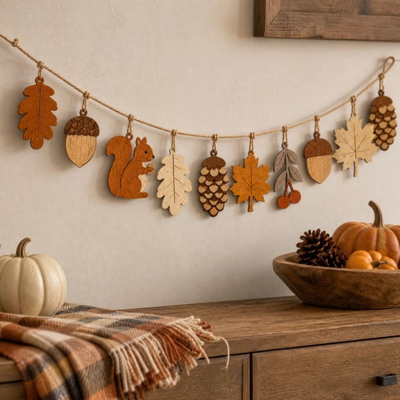 Wooden Fall Ornaments to Paint with a 79" Rope & 10 Hanging Piece, DIY Blank Autumn Unfinished Wood Cutouts, Thanksgiving Christmas Craft Hanging Ornament for Birthday Party Gifts