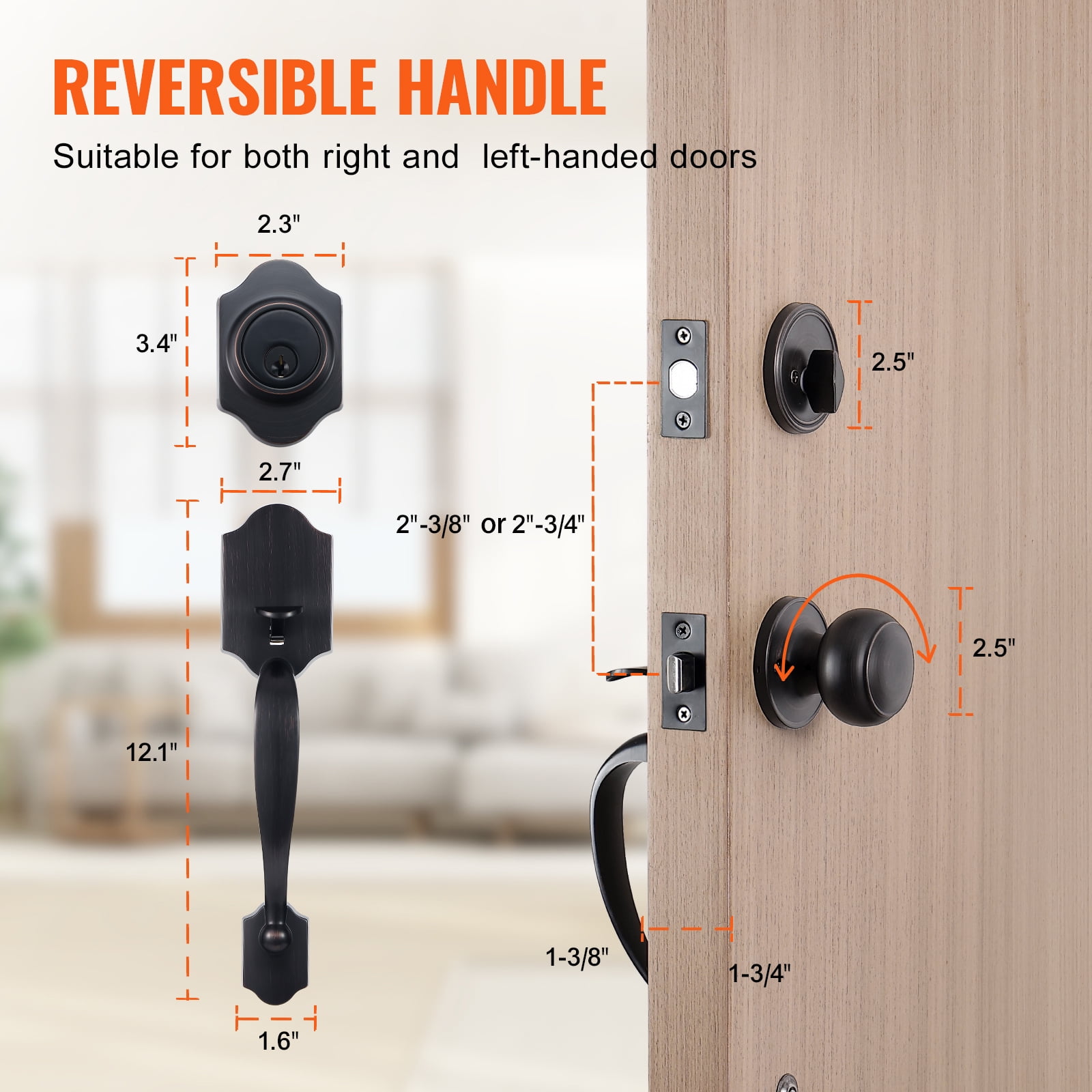 KFFKFF Front Door Handle and Deadbolt Set, Black Front Door Lock Set with Reversible Knob Handle, Modern Front Door Hardware, Single Cylinder Front Door Entry Lock, Front Door Handles and Locks
