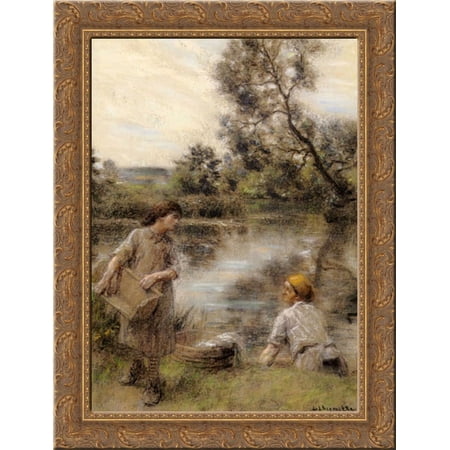 Laveuses bord de Marne ou Lavandiere et sa fille au bord de la riviere 19x24 Gold Ornate Wood Framed Canvas Art by L'Hermitte, Leon Augustin