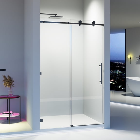 46-48"W x 76"H Frameless Single Sliding Soft-Close Shower Door, 5/16"(8mm) SGCC Tempered Glass, Matte Black