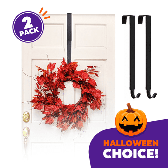 JEEXI Adjustable Front Door Wreath Hanger for Christmas - 2 Pack, 15-25 inch, Large Over The Door Metal Hanger for Halloween / Xmas Wreaths Decorations, Black, up to 20LB