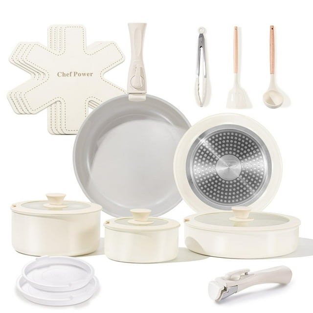 Chef Power Juego de ollas y sartenes antiadherentes de cerámica de 19 piezas con mango desmontable, juego de utensilios de cocina aptos para lavavajillas de inducción, juego de cocina para RV con mang
